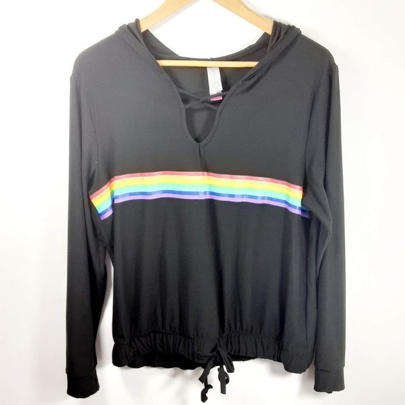 black hoodie with rainbow stripe